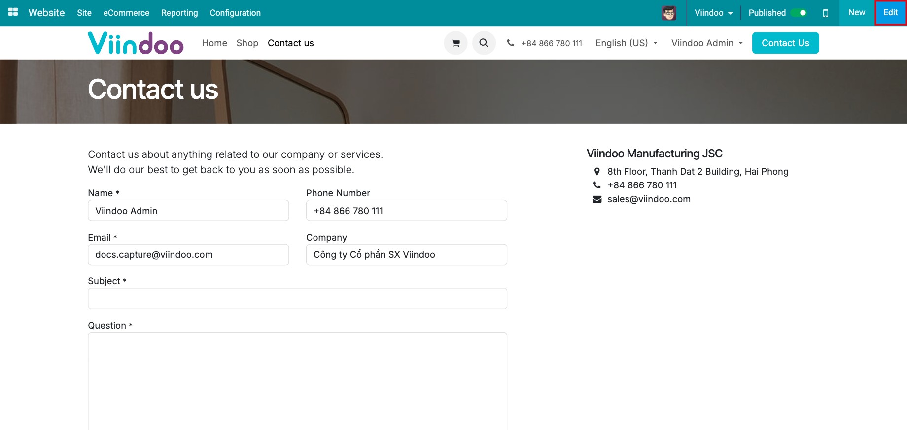 Contact Us page of a Viindoo website with name, phone, email, company, subject and question fields