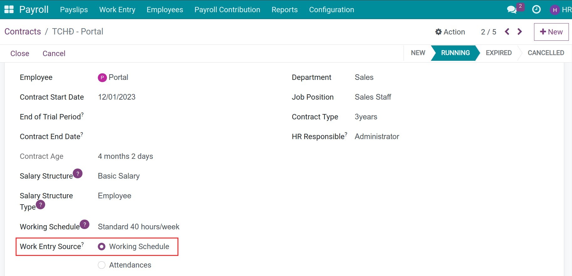 Work entry source - Working schedule