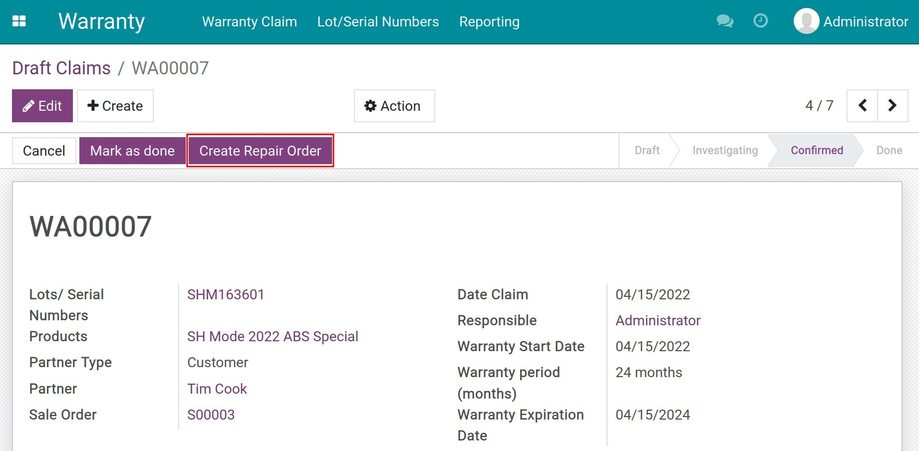 Create repair order from warranty claim