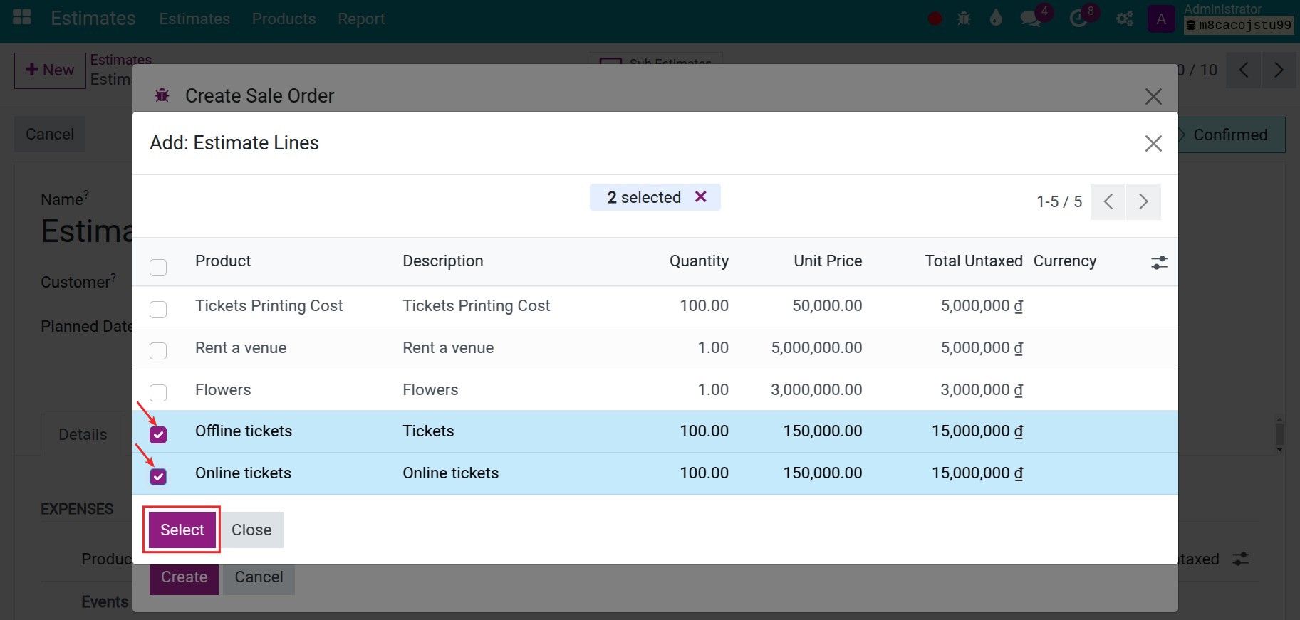 Choose the estimate lines