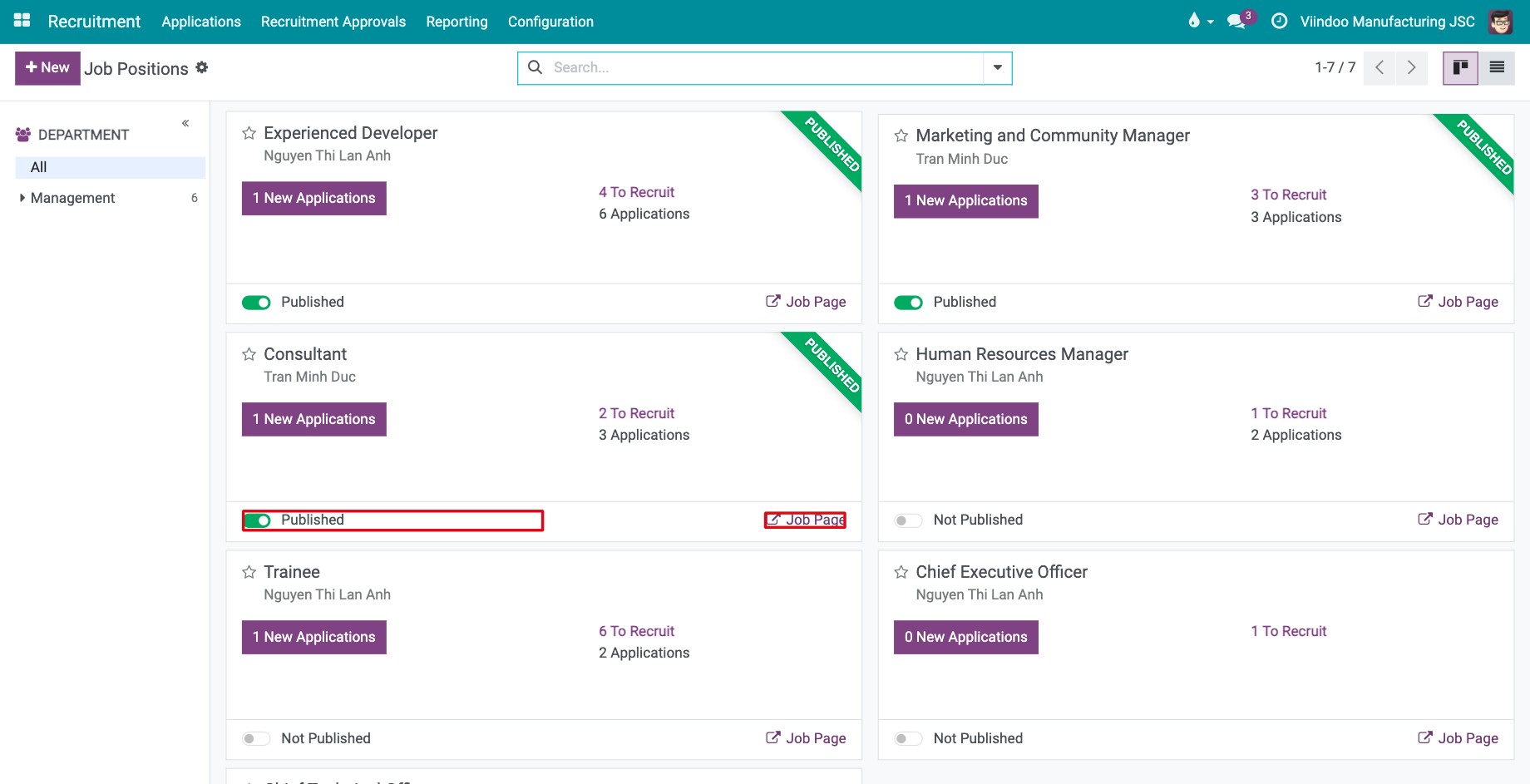 A published job position card with the Published toggle and the Job Page link