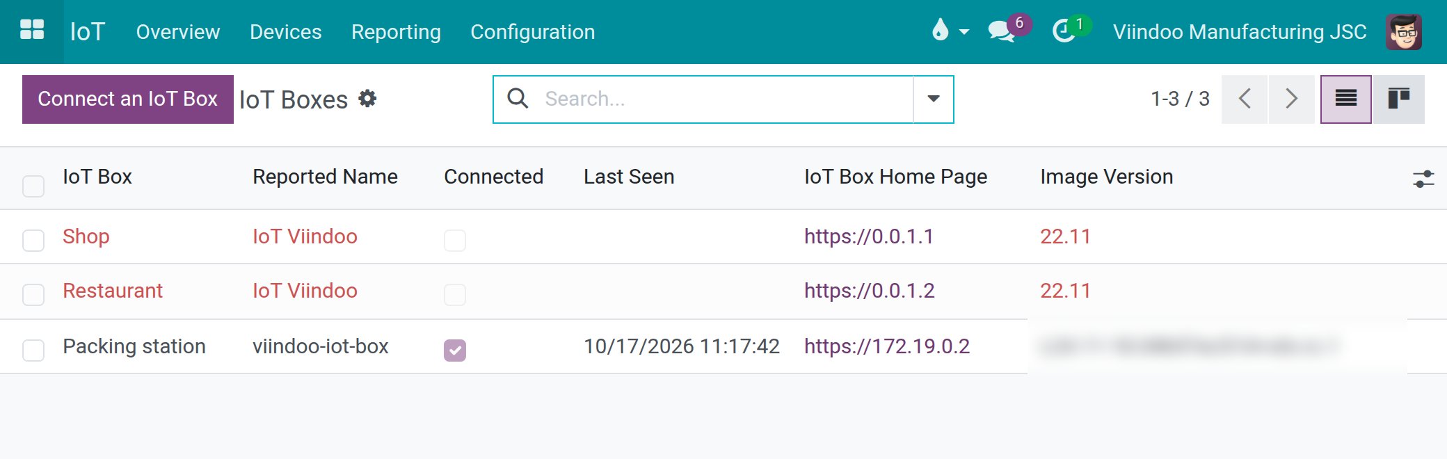IoT Boxes register with two disconnected boxes in red and one connected box