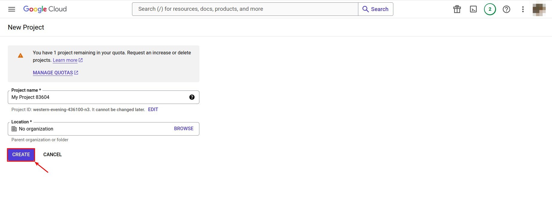 New project form in Google Cloud Console
