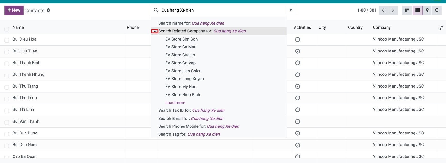 Matching values listed under a field suggestion