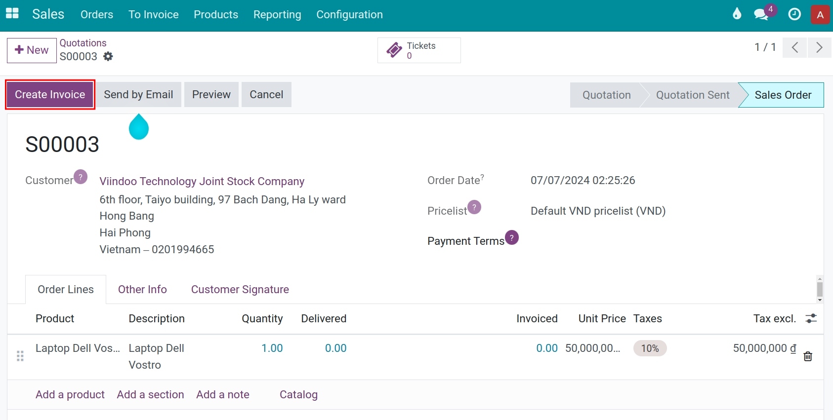 Create an invoice on Viindoo Accounting software management
