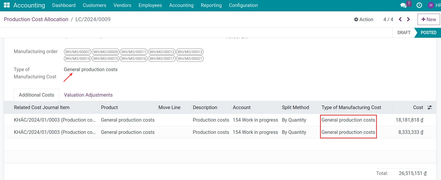 Using manufacturing costs types on allocation requests