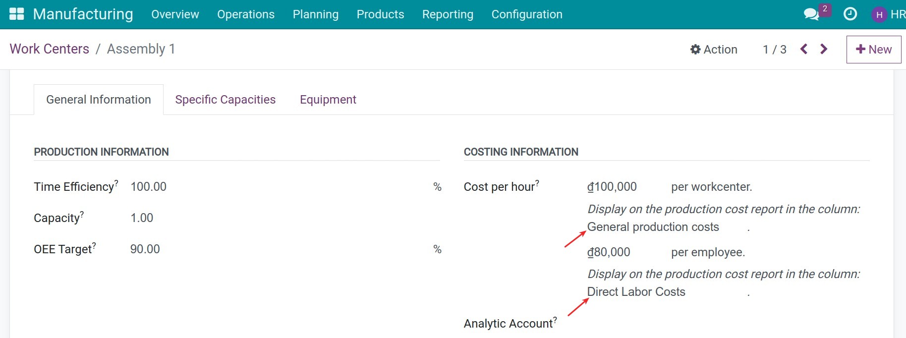 Using manufacturing costs types on work center
