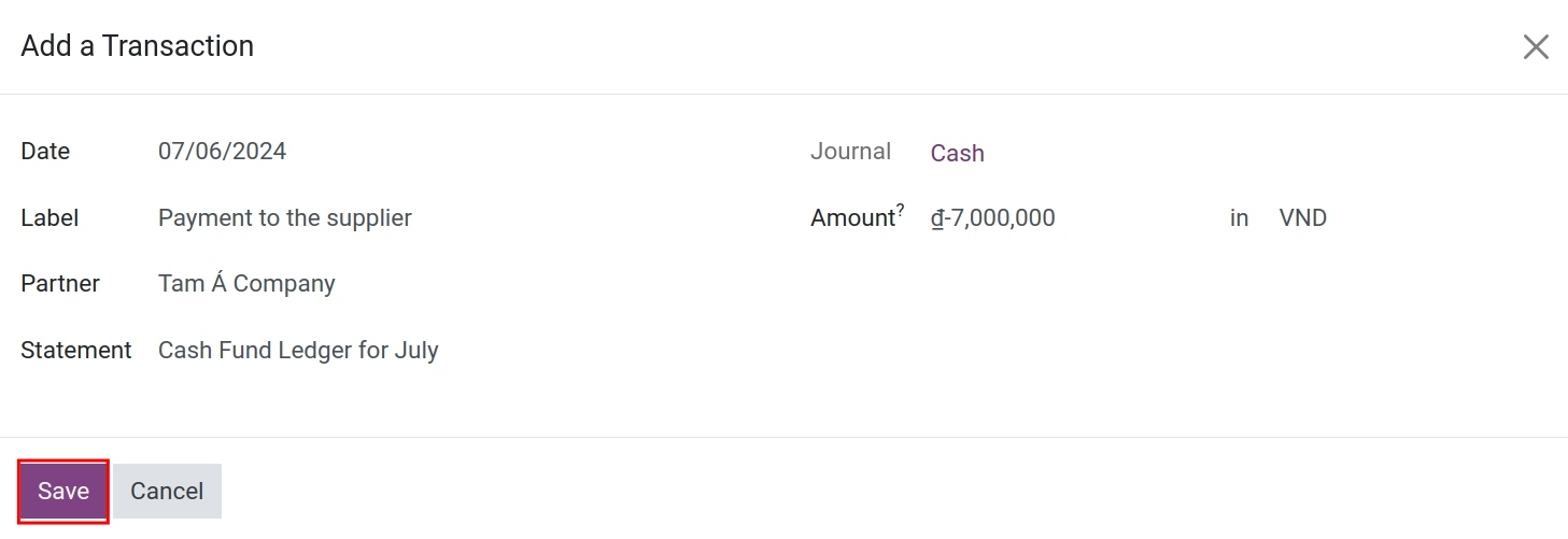 View for entering cash statements on Viidoo.