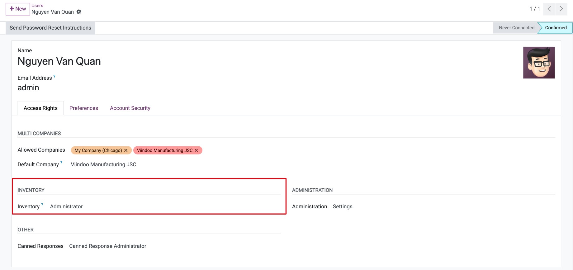 Inventory field of the Access Rights tab with the User and Administrator choices