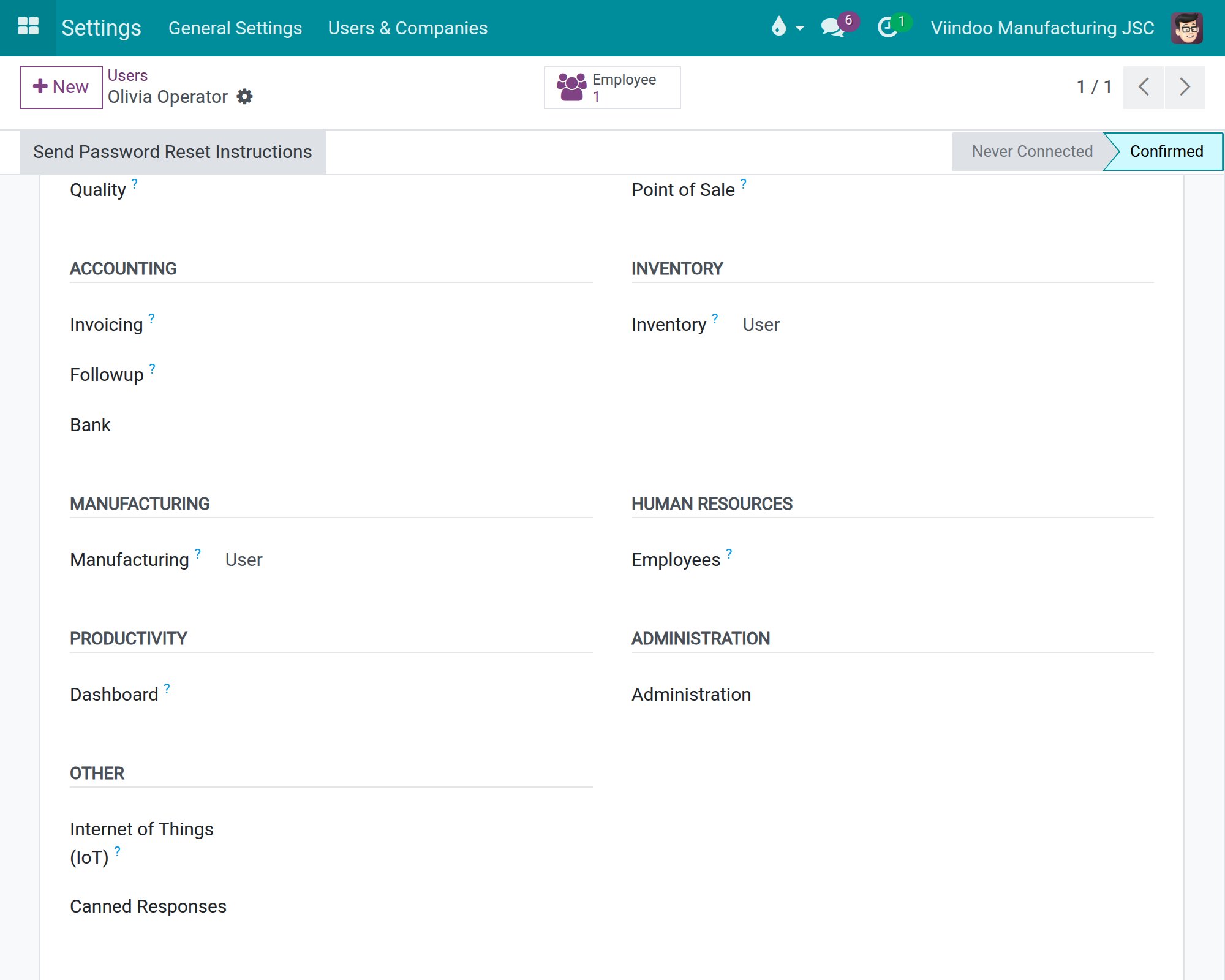 The Access Rights page of an operator: Manufacturing set to User, Internet of Things (IoT) left empty.