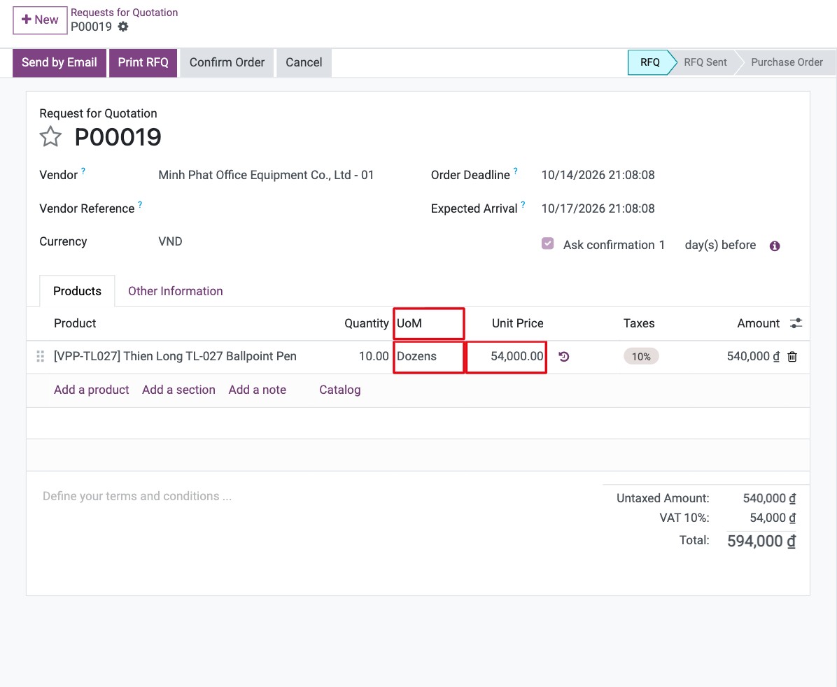 RFQ line with the quantity in dozens and the price per dozen