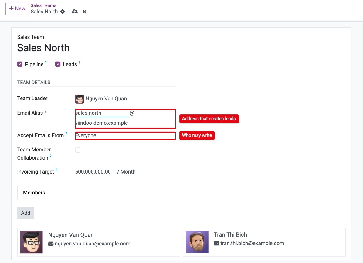 Email Alias and Accept Emails From fields on a sales team in Viindoo CRM