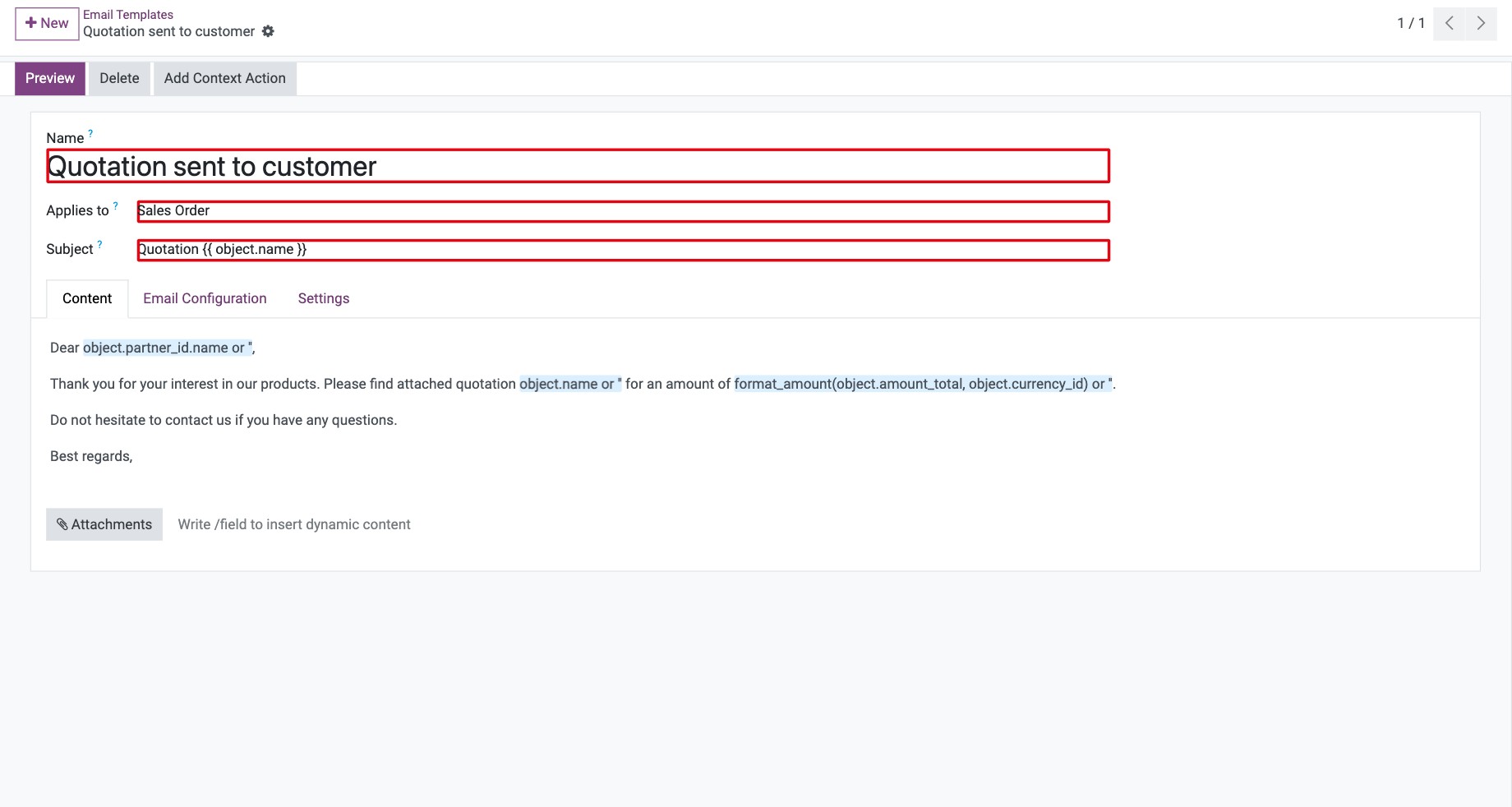 Email template form with Name, Applies to and Subject