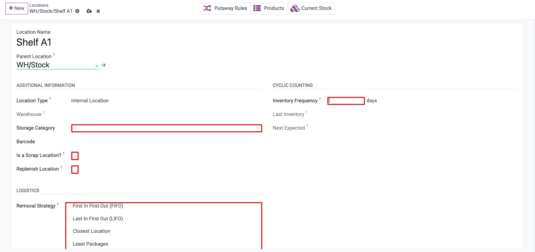 Location form with additional information, cyclic counting and logistics sections