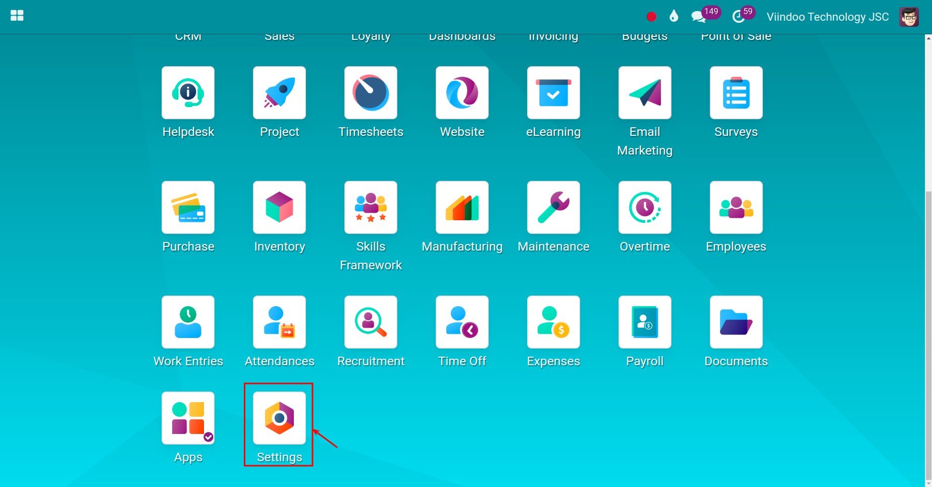 Settings module in the main view