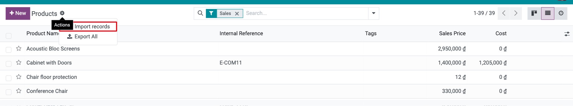Gear menu of the product list view with the Import records option