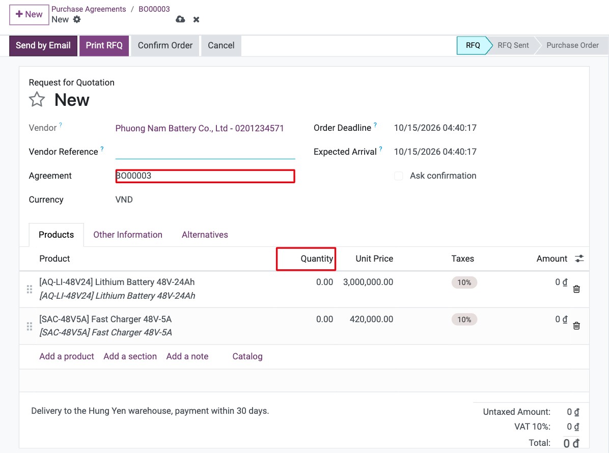 Request for quotation created from the blanket order with the Agreement field and quantities to fill in