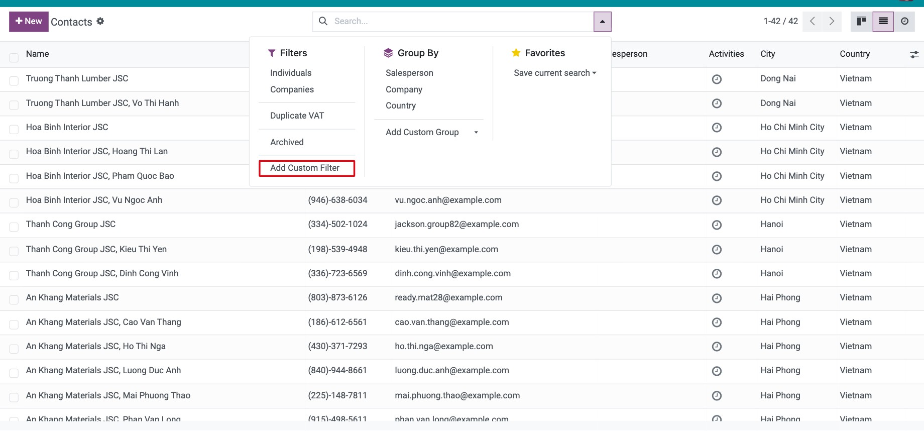Filters column of the search panel in Contacts
