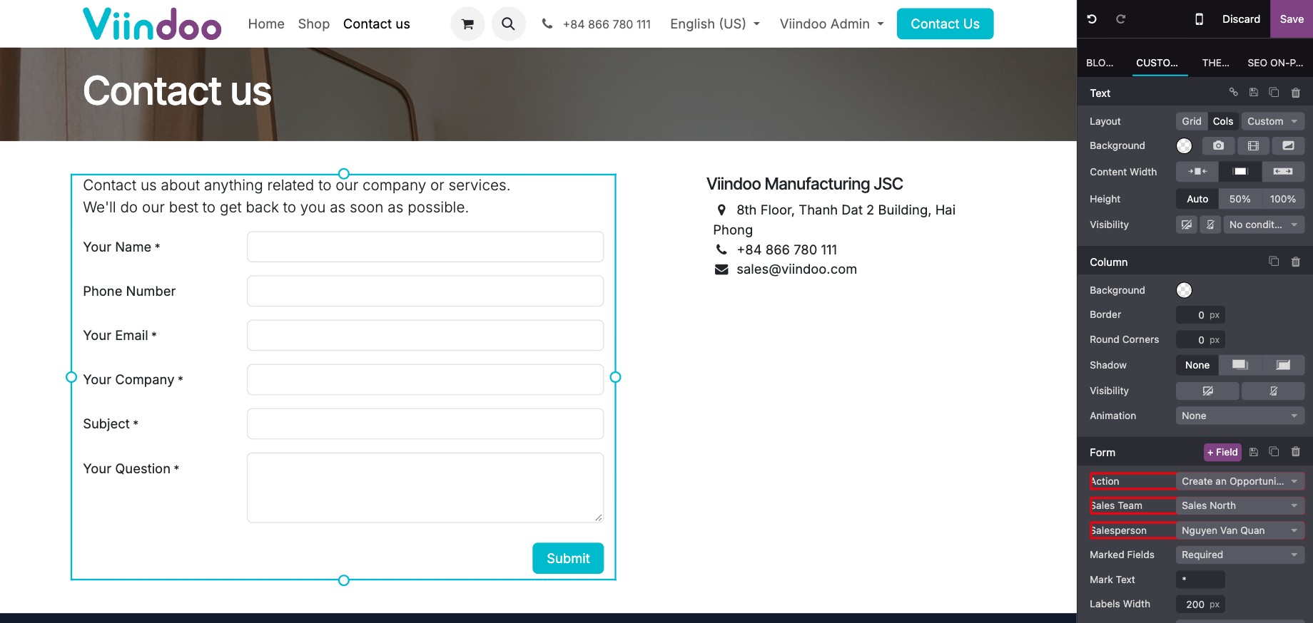 Form options in the website editor with the Action Create an Opportunity