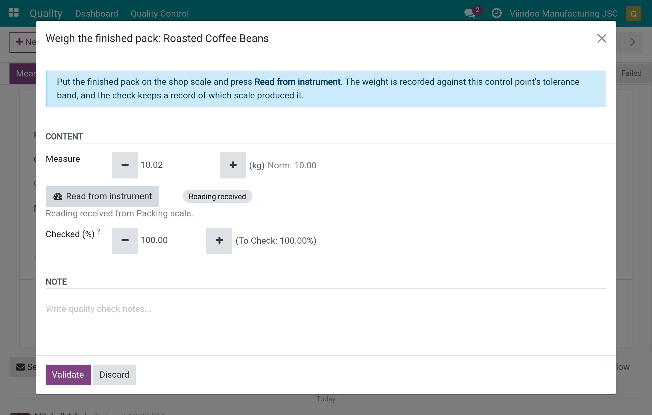 the Measure dialog after a reading was received