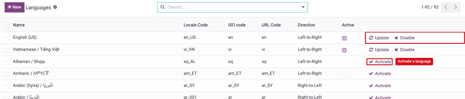 Languages list with the Activate, Update and Disable buttons