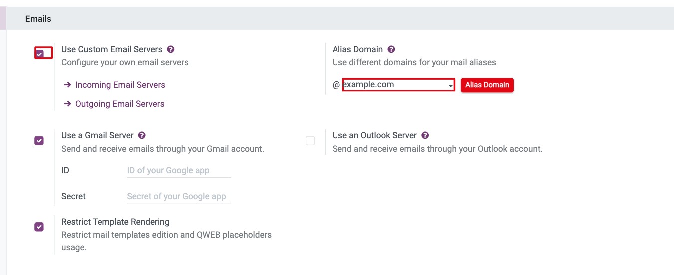 Emails section of the settings with Use Custom Email Servers and the Alias Domain field
