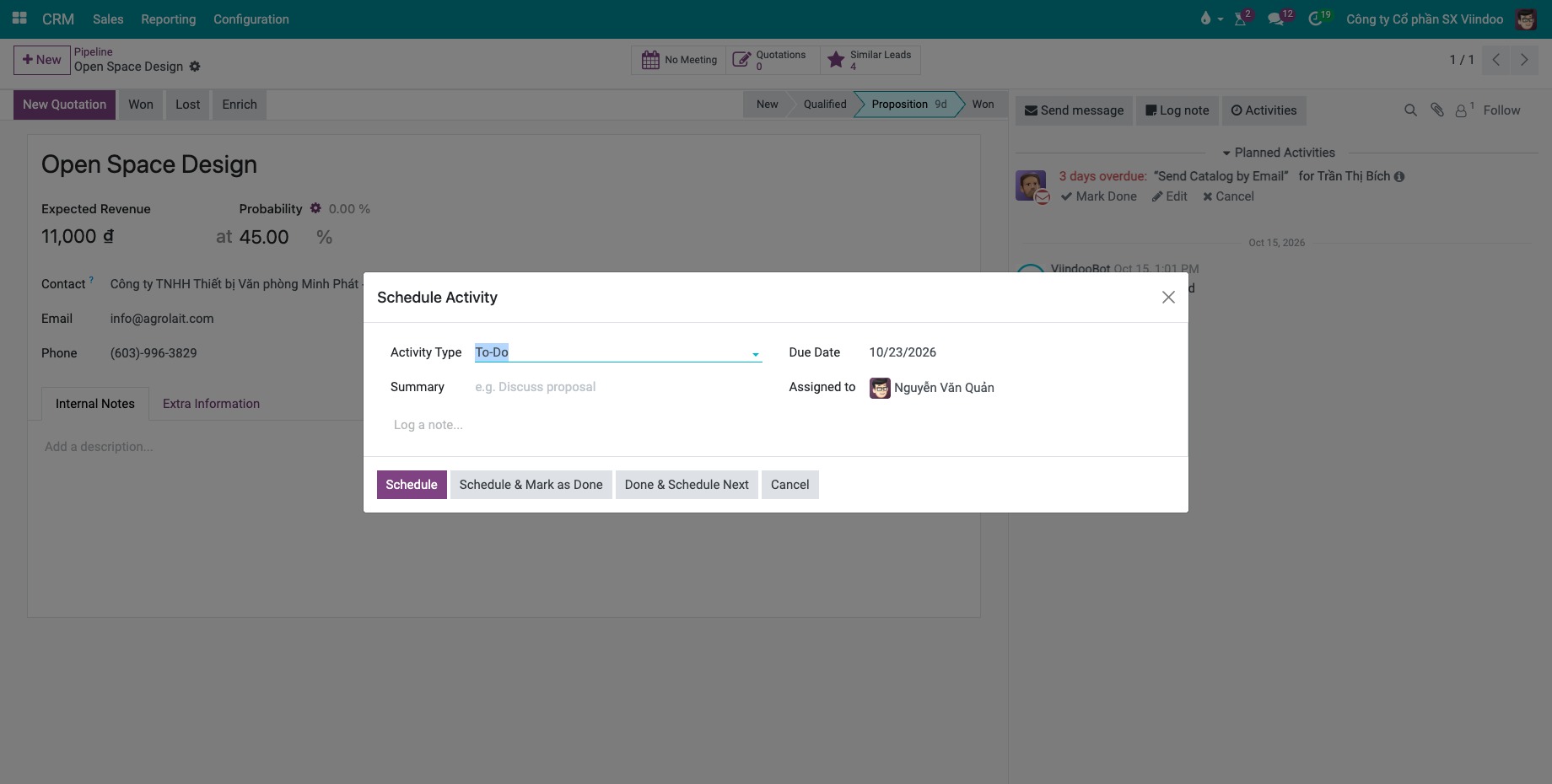Schedule Activity window with activity type, summary, due date and assigned user