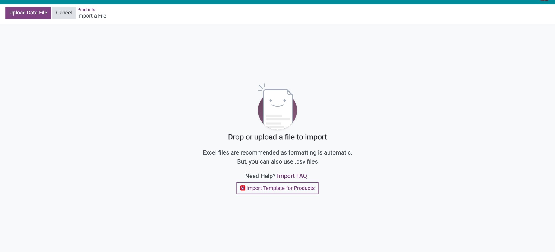 Import a File screen with the Import Template for Products link