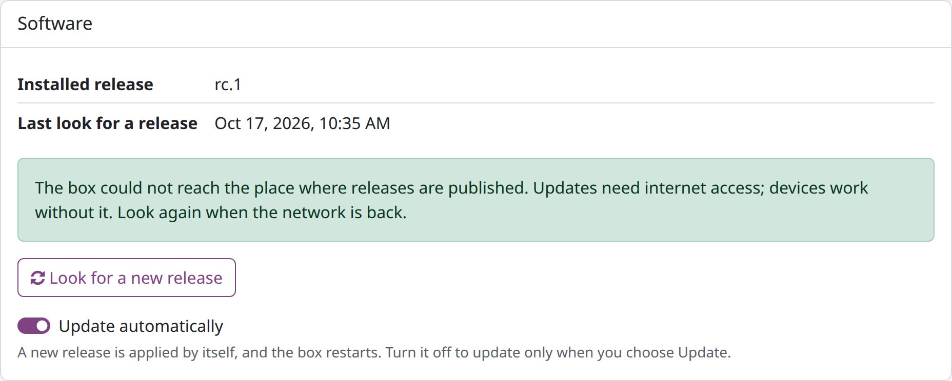 Software section of the box page with the installed release, the last look for a release, the Look for a new release button and the Update automatically switch