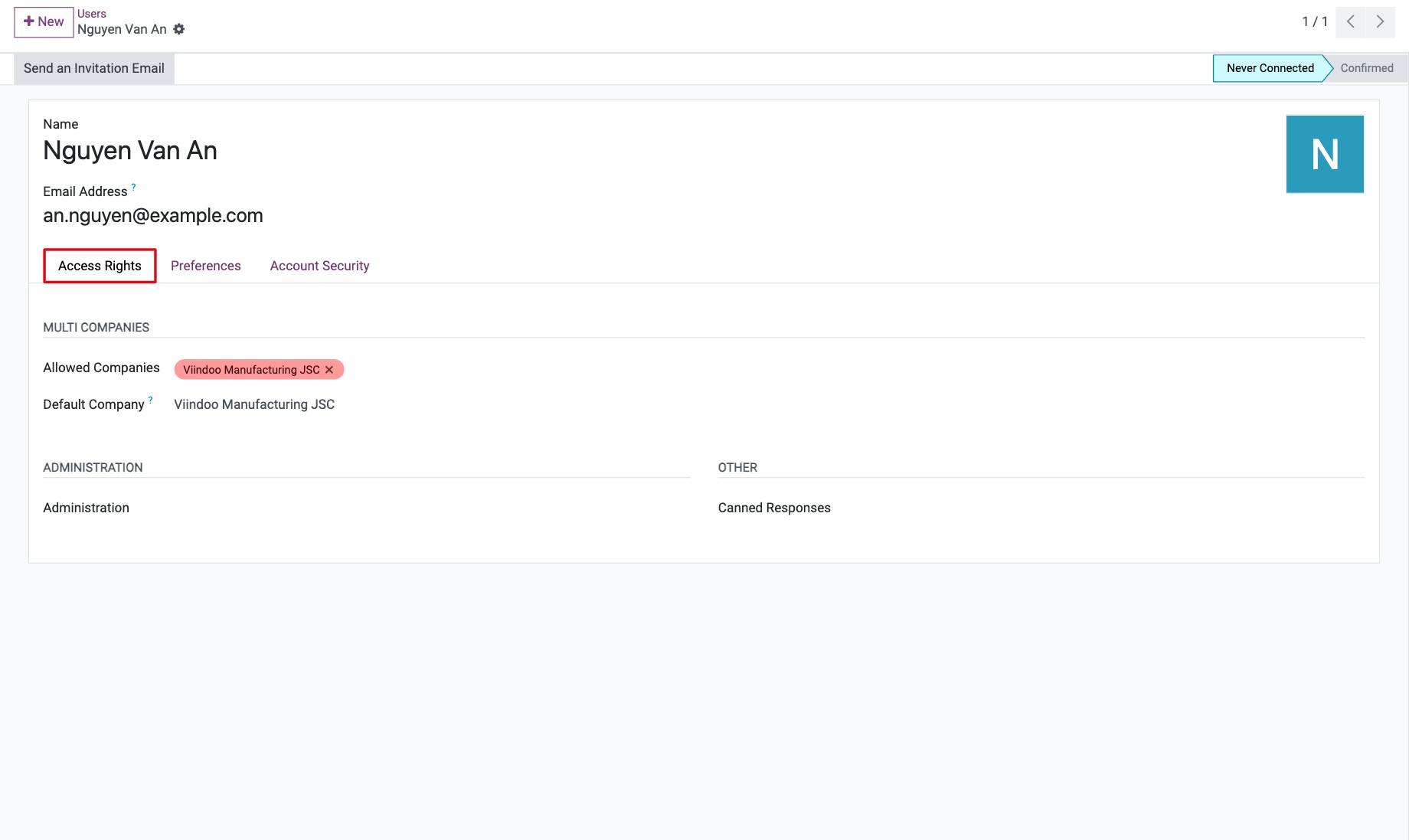 Access Rights tab of a user with one field per installed app