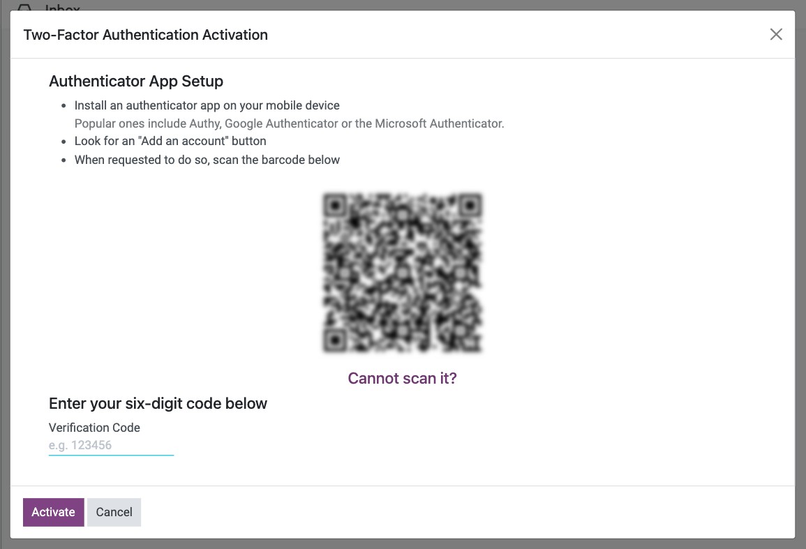 Two-Factor Authentication Activation window with the QR code and the Verification Code field
