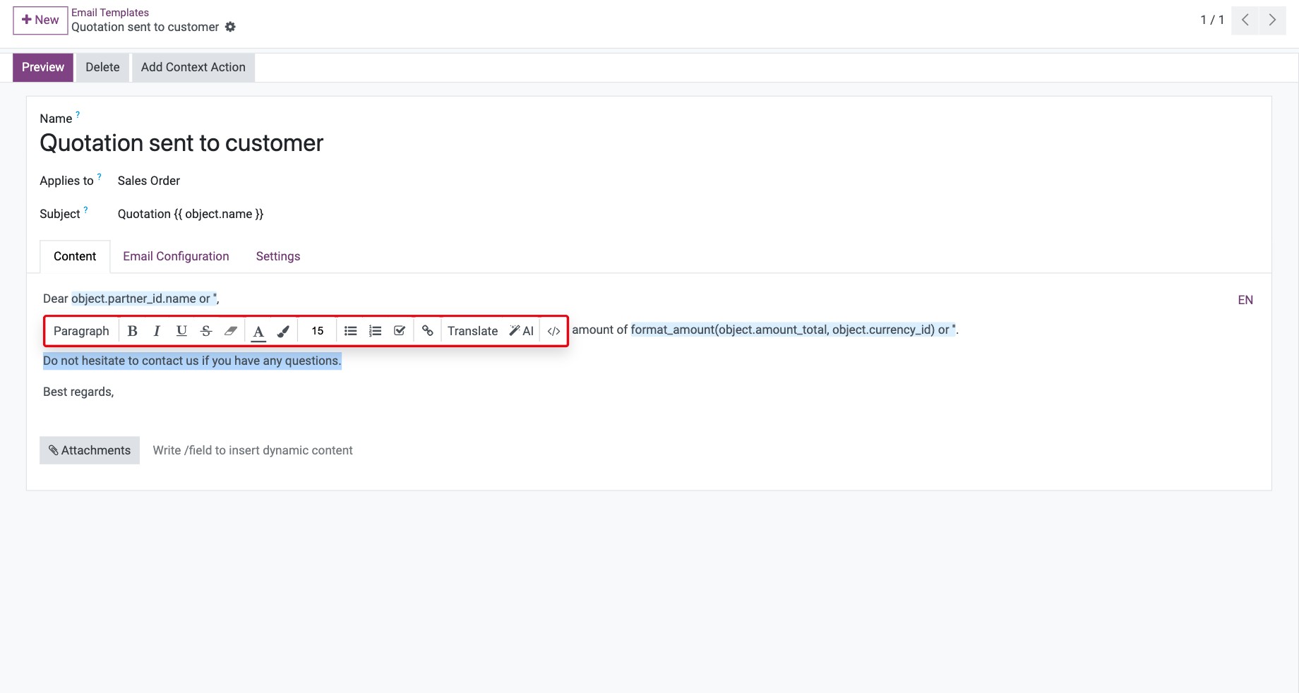 Content tab with the formatting toolbar over selected text