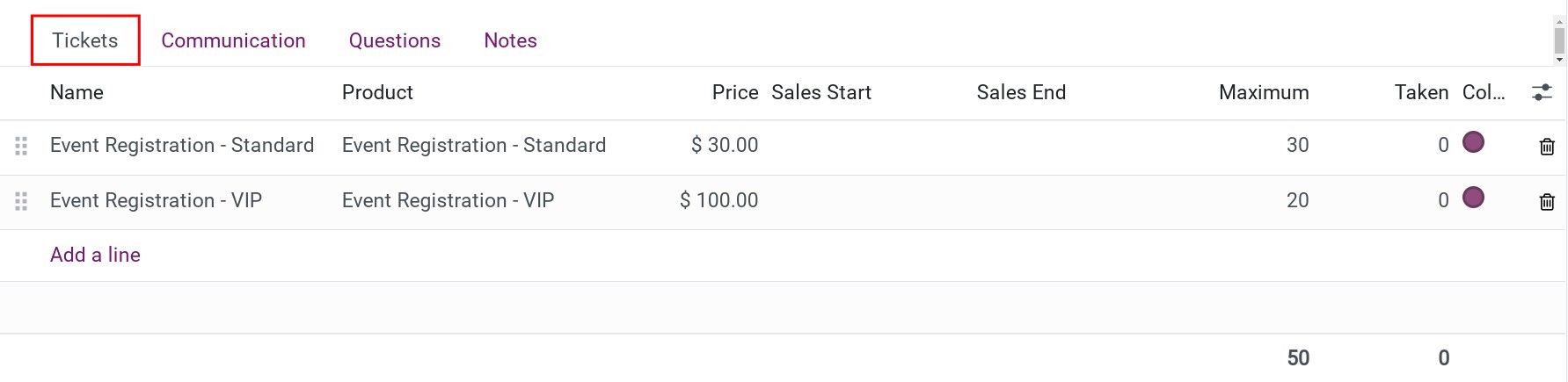 Set the number of tickets sold