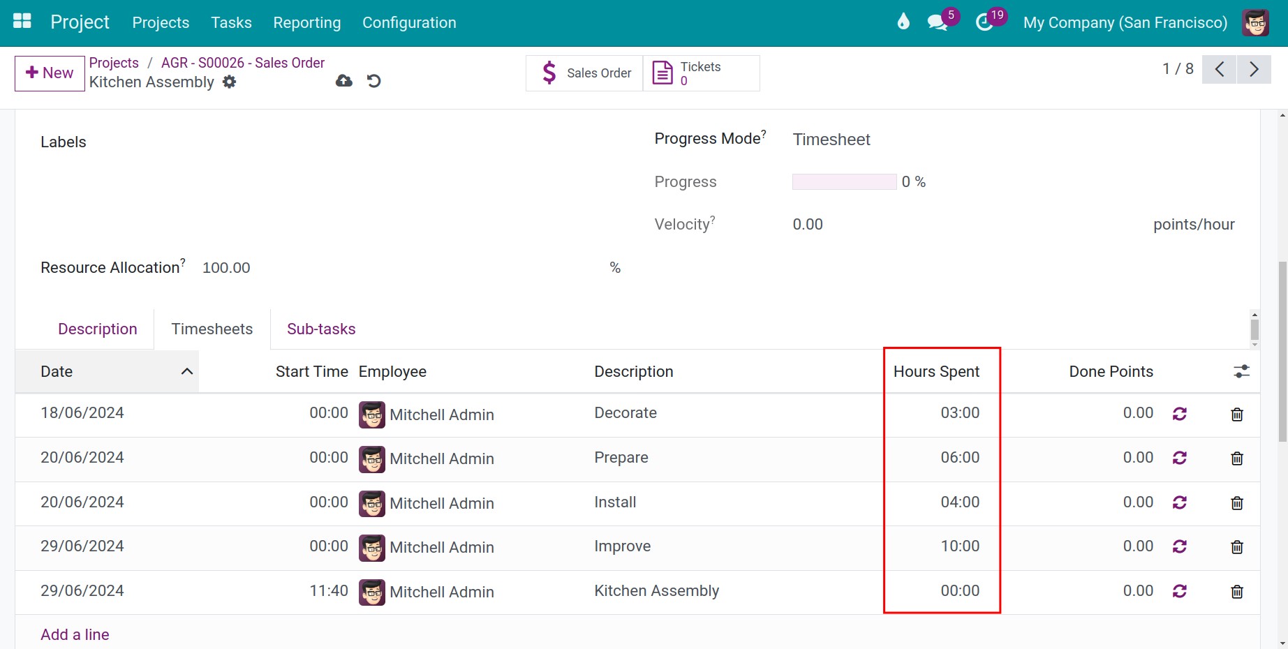 the time changed when click timesheet done