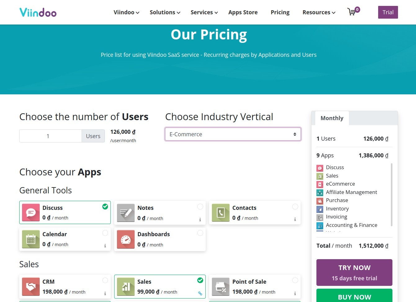 Choice of users, apps and industry on the Pricing page
