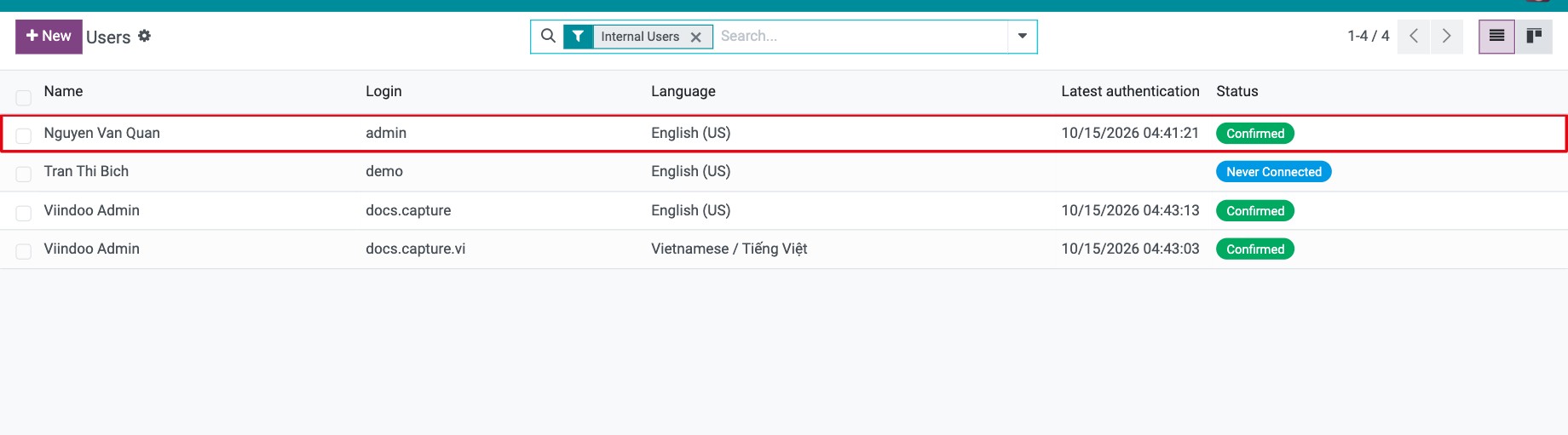 Users list in Viindoo Settings with a user selected to receive Inventory access rights