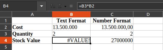 Spreadsheet with a number stored as text next to a number stored as a number