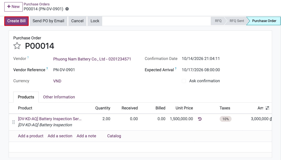 Confirmed purchase order whose lines are billed on ordered quantities, with the Create Bill button