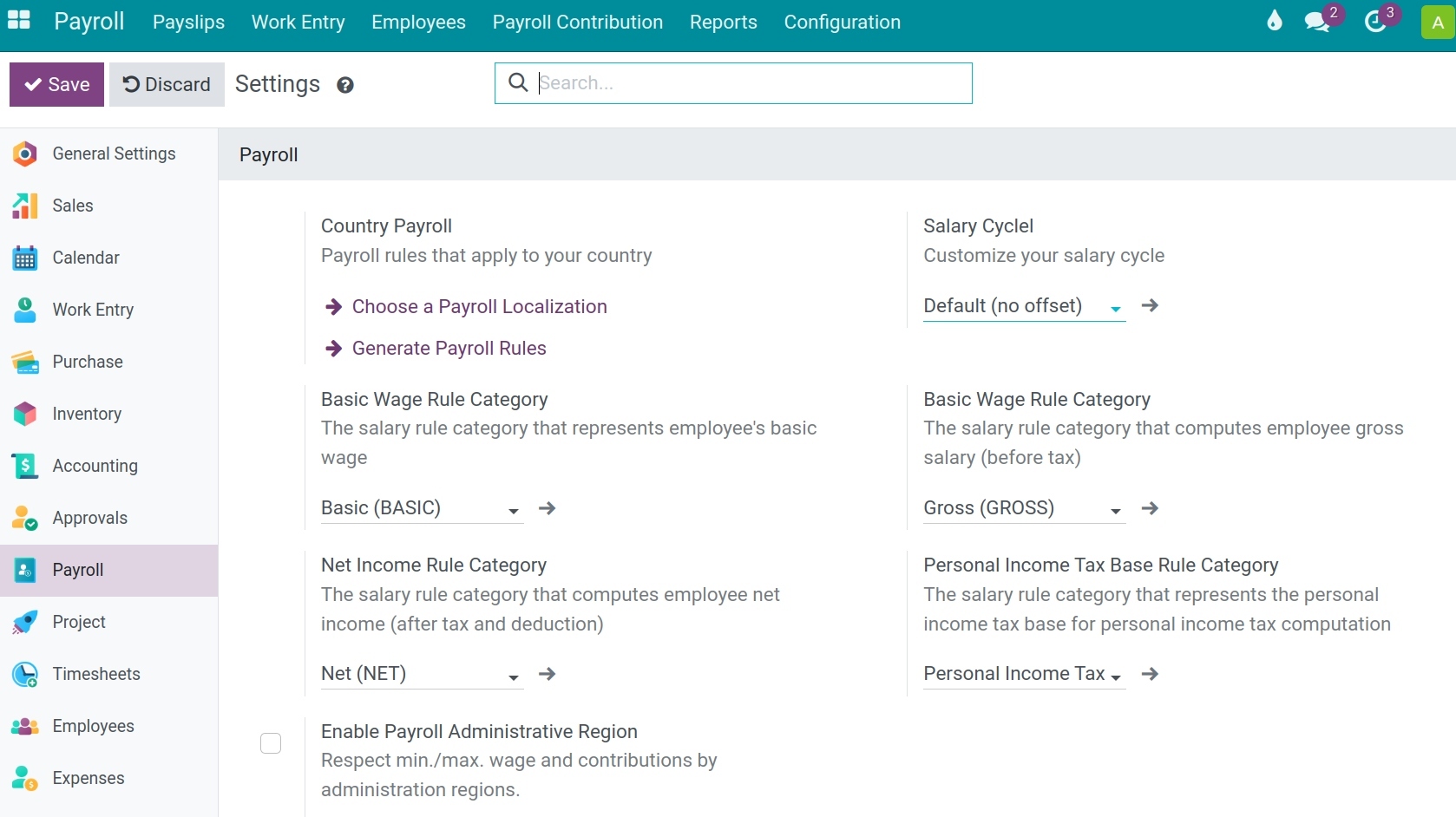Basic settings section in Viindoo payroll app