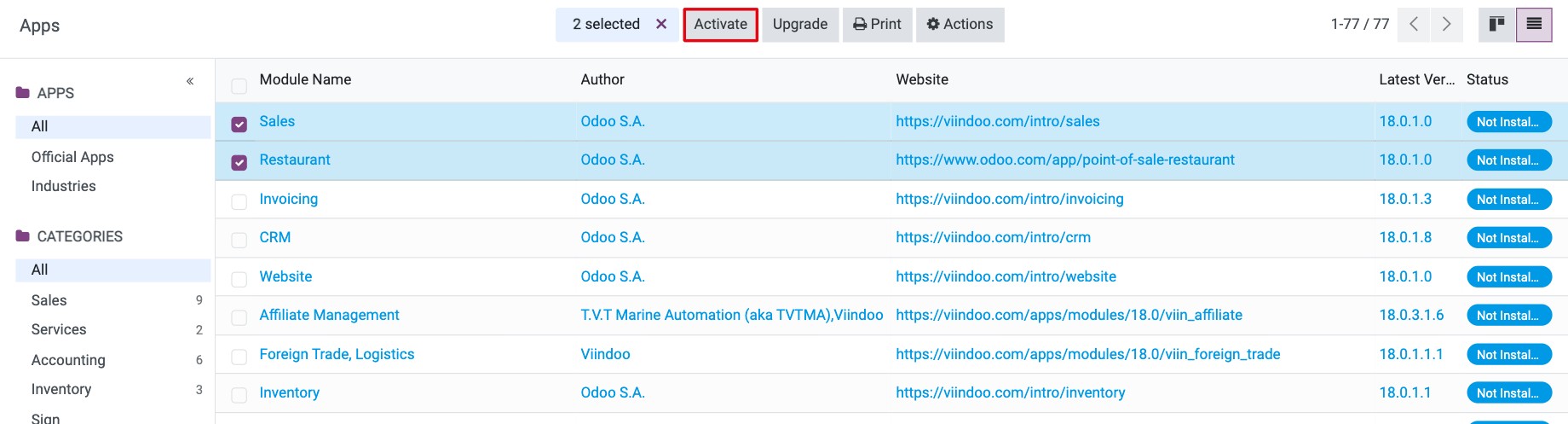 Apps list view with two modules selected and the Activate button