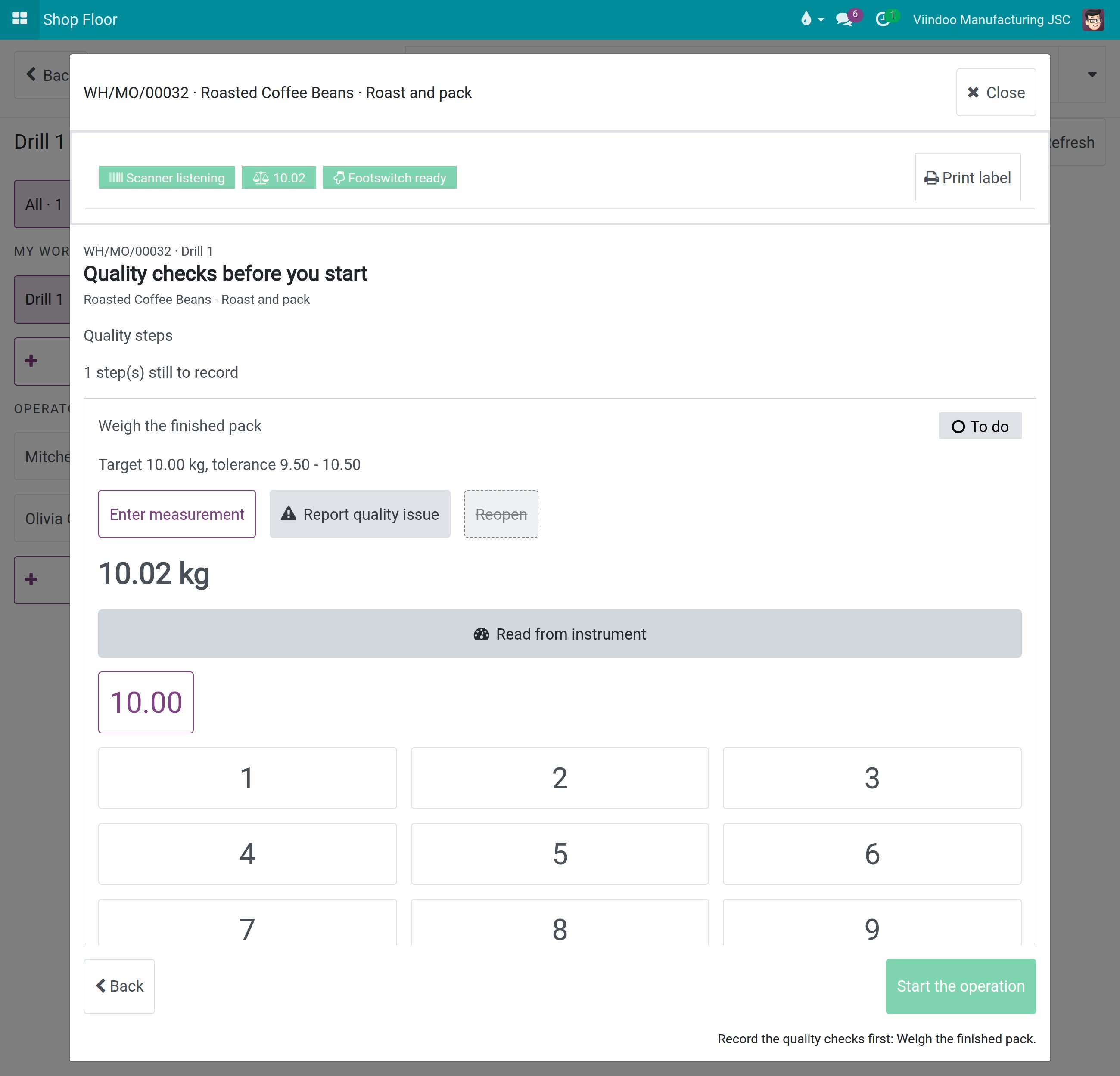 The Measure step with 10.02 kg read from the instrument and the Confirm button below the numpad
