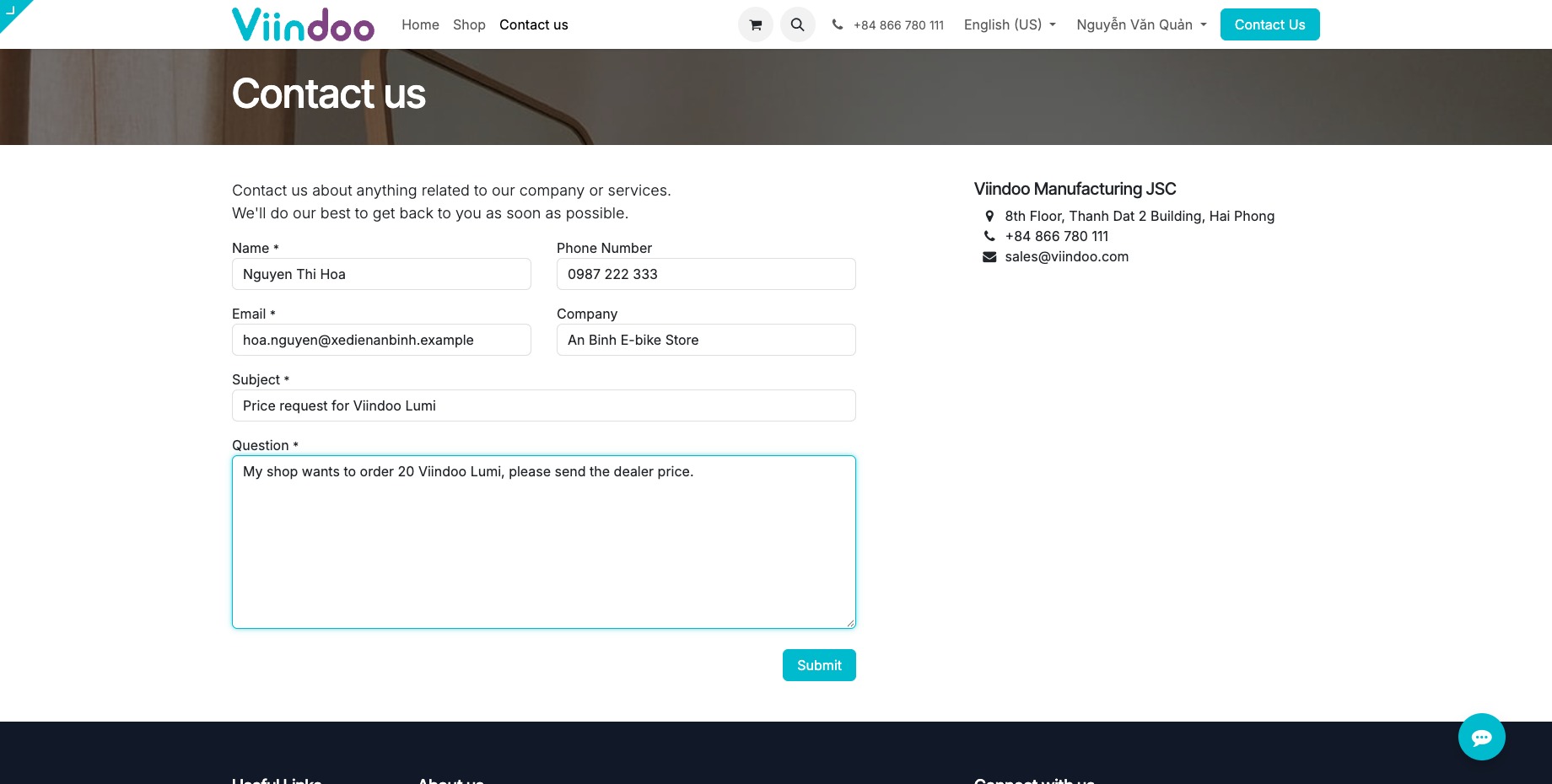 Visitor filling in the Contact Us form of the website
