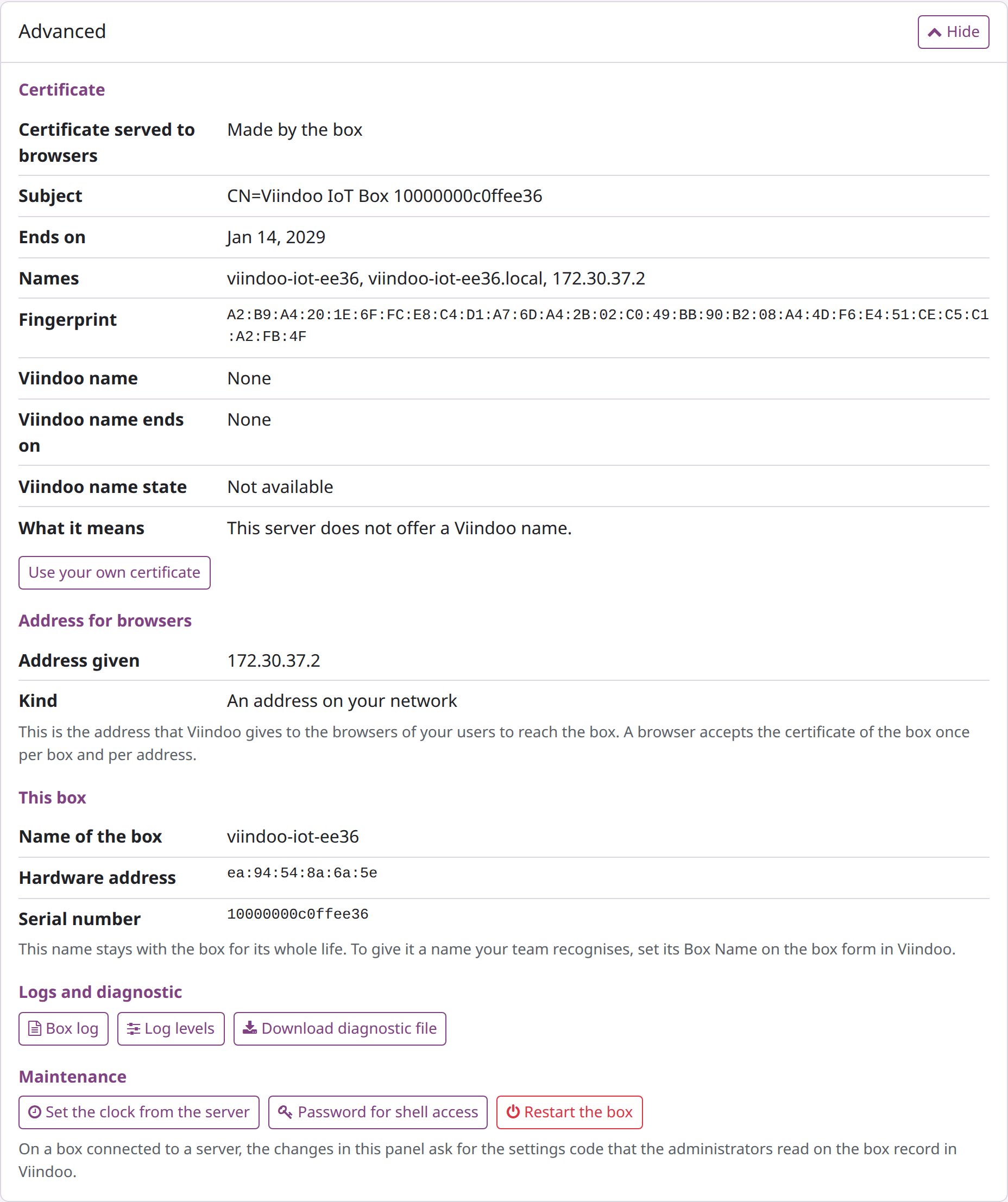 Advanced section of the box page with the certificate, the address for browsers, the box name and its hint, logs and maintenance buttons