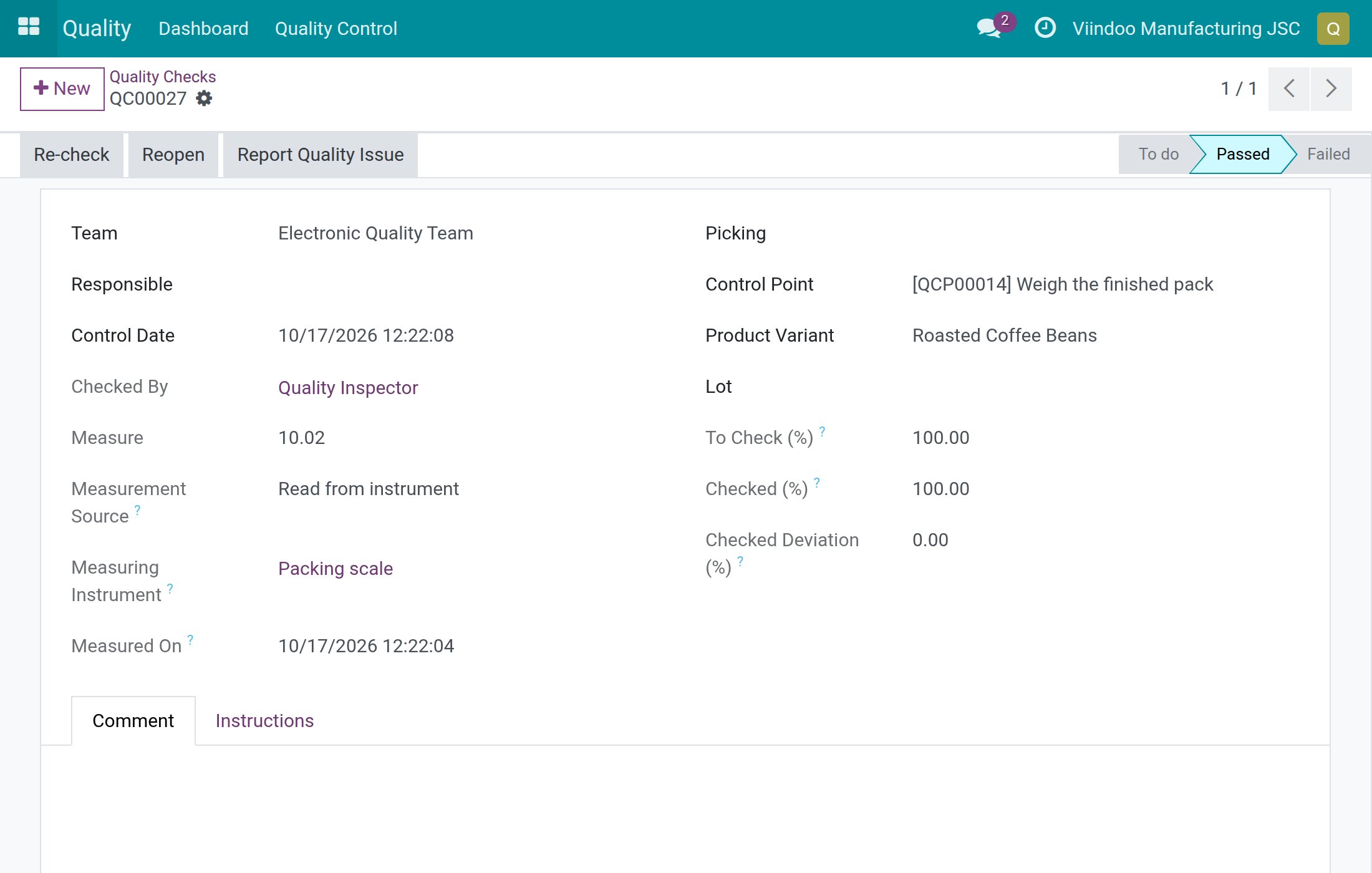 A passed check showing Measurement Source, Measuring Instrument and Measured On