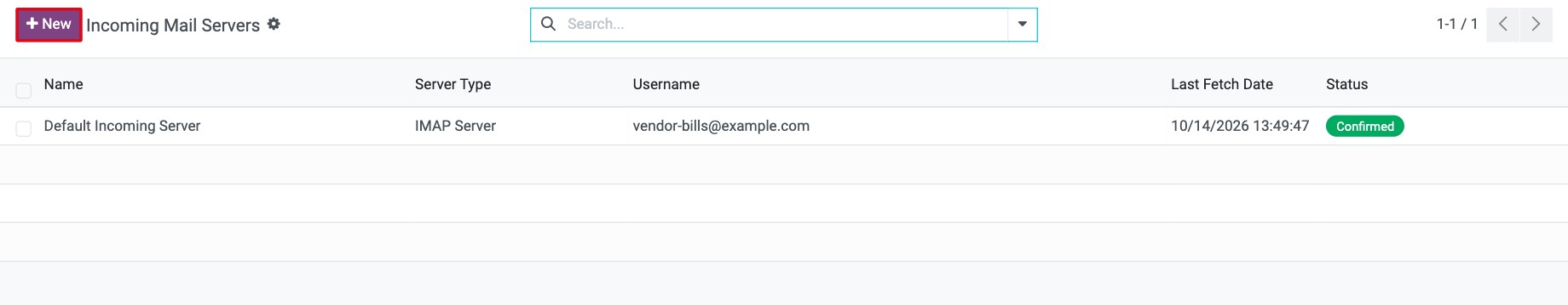 List of incoming mail servers with the New button