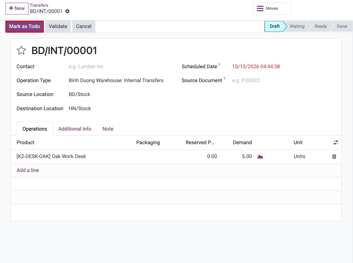 New internal transfer with the source location, the destination location and a product line
