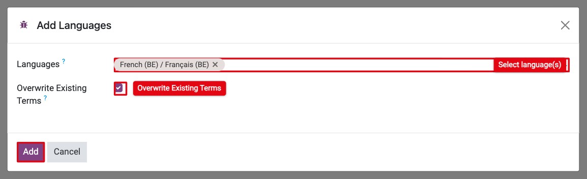 Add Languages window with a language selected and the Overwrite Existing Terms option