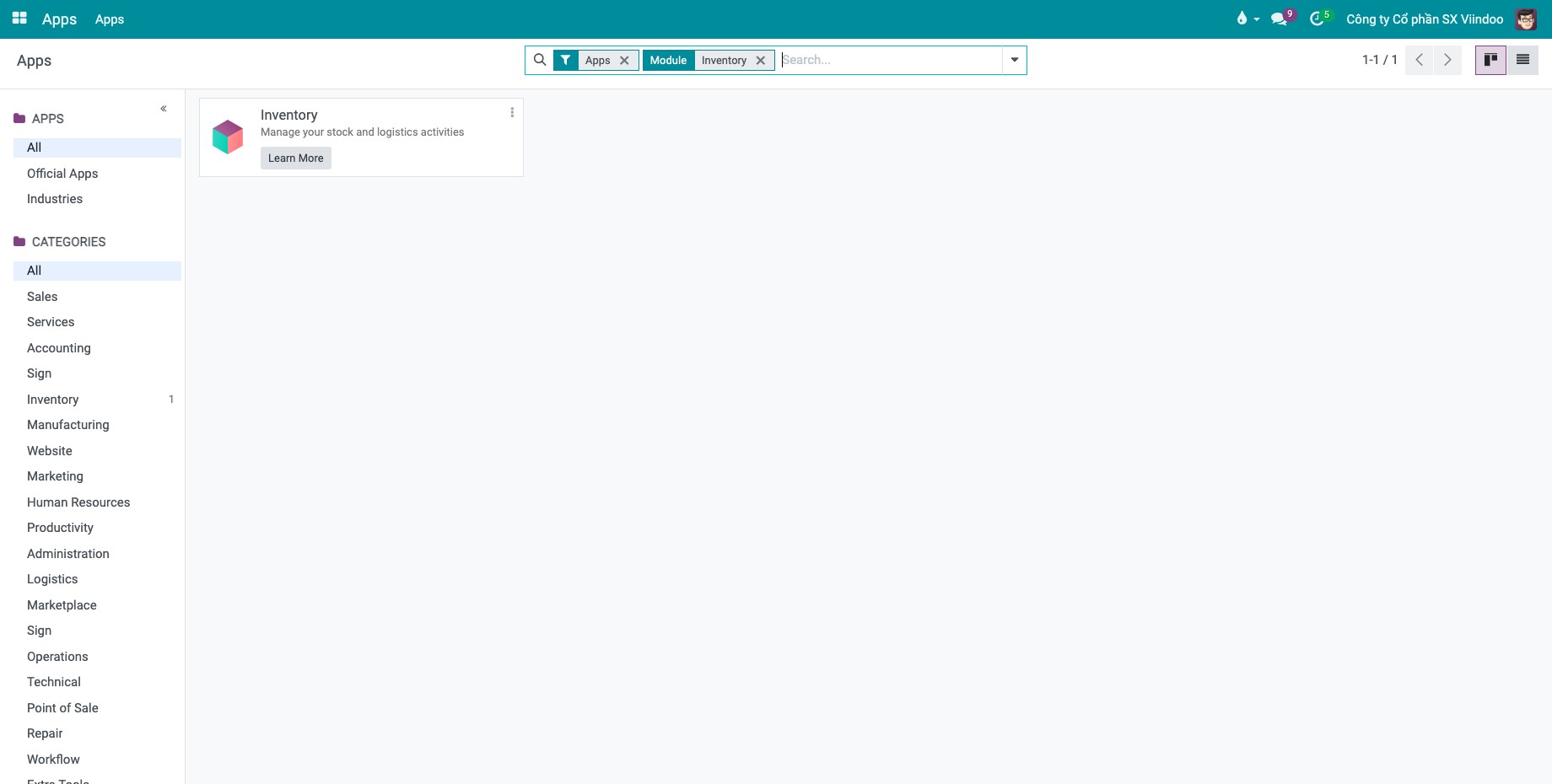 Apps screen with Inventory typed in the search bar and the Inventory app card in the result