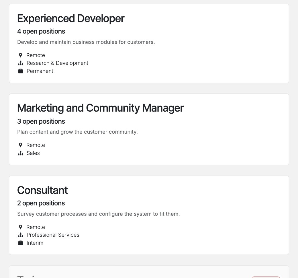 The Jobs page of the website with the published job positions