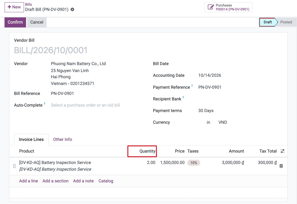 Draft vendor bill created from the purchase order with the ordered quantity